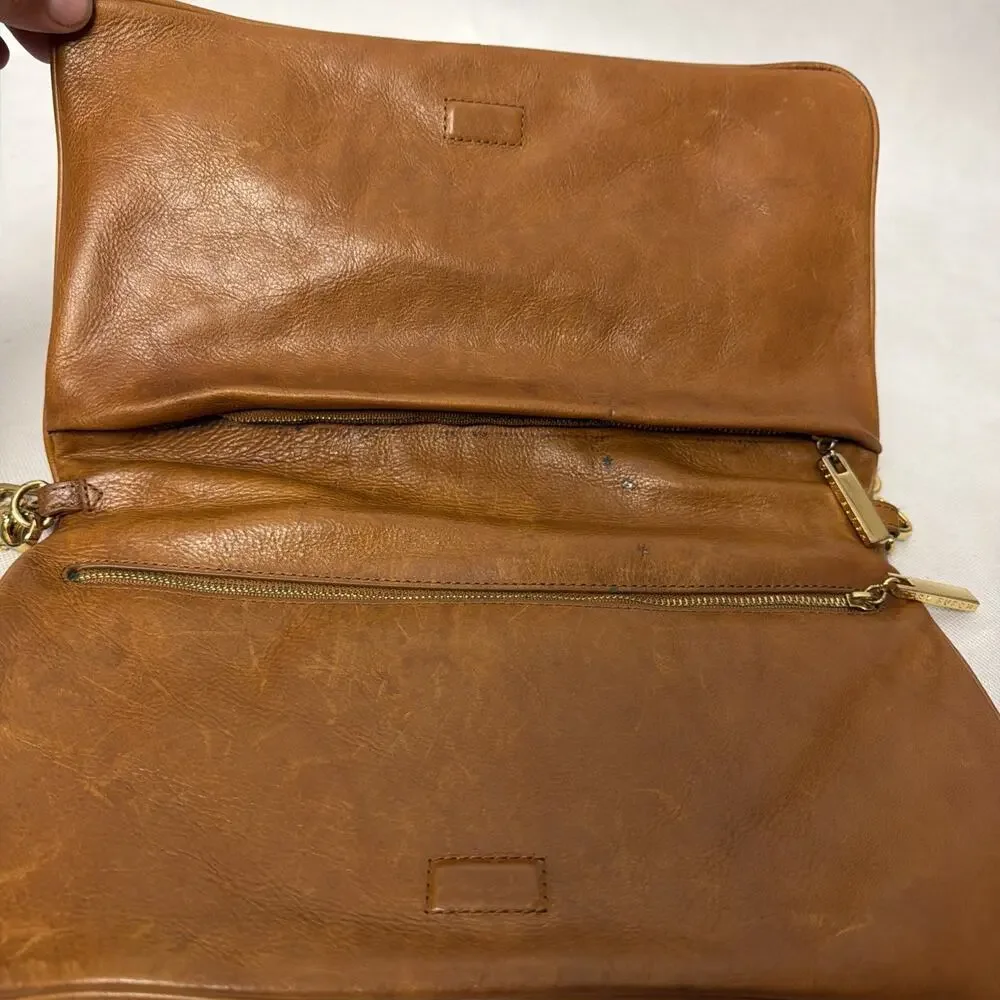 Tory Burch Reva Clutch Bag Cognac Bombe Leather Gold Chain Shoulder Purse